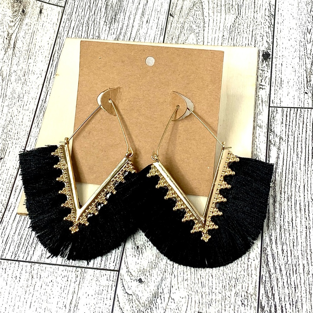 Gold Black Tassel Earrings